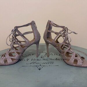Champagne Gold BELLE BADGLEY MISCHKA Strappy Formal Stiletto Lace-up Heels. Sz 8